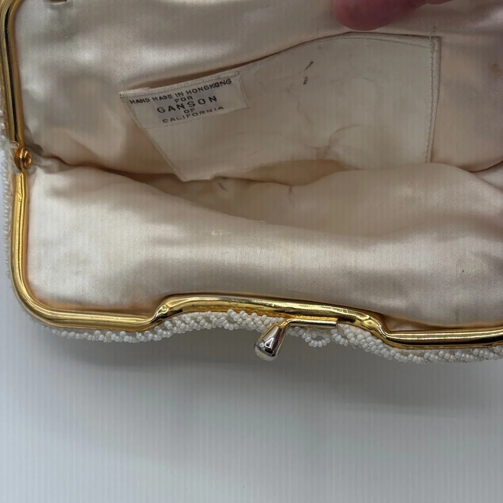 Vintage Elegant Beaded GANSON Sequin Clutch - Silver and Cream